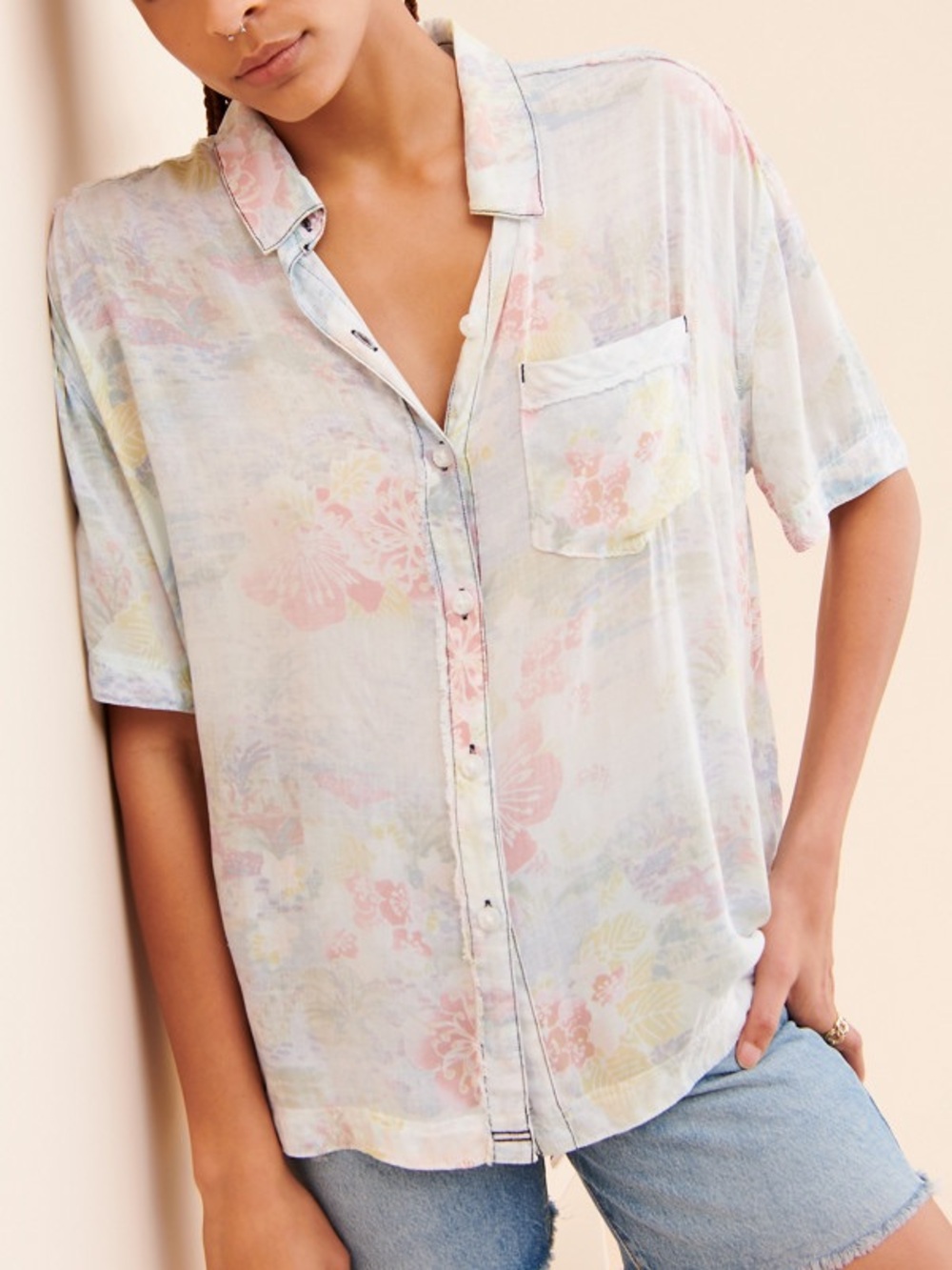 We The Free Ocean Pastel Floral Short-Sleeve Button-Up